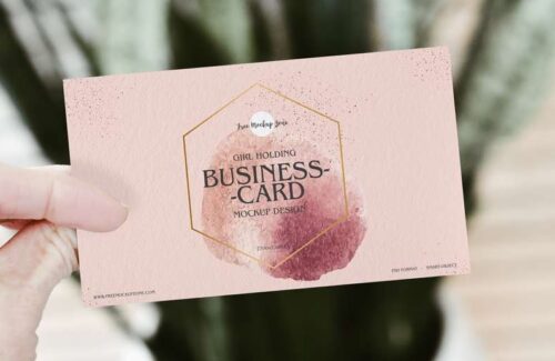 Free Girl Holding PSD Business Card Mockup